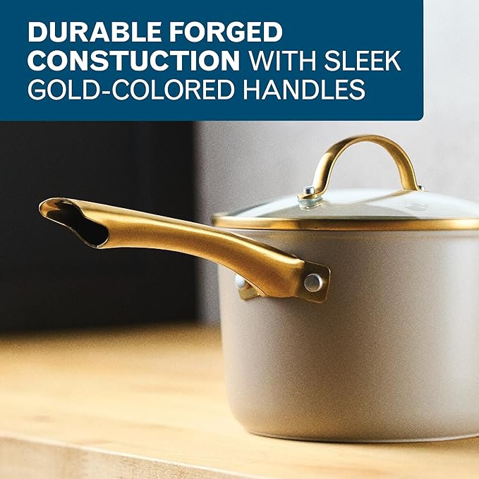 Farberware Forged Induction Ceramic Nonstick Sauce Pan/Soup Pot, Dishwasher Safe, Gold Color Stainless Steel Handle, 3 Quart - Taupe
