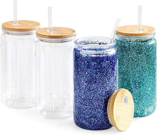 4 Pack Acrylic Snow Globe Tumbler with Bamboo Lids and Straws 16 oz Plastic Snowglobe Tumbler with Pre Drilled Hole Clear Double Wall Snowglobe Cups for Snow Globe Glitter DIY