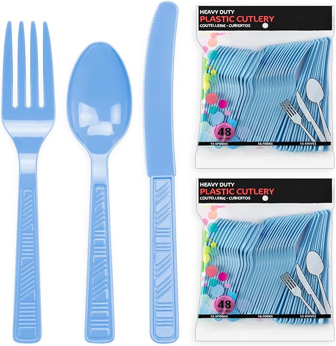 DecorRack Plastic Cutlery Set, Light Blue Colored Plastic Silverware Sets for Parties, 96 Piece Bulk Heavy Duty Utensils (Light Blue, 96 Pieces)