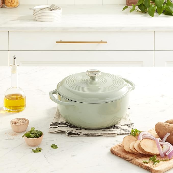 Lodge 4.5 Quart Enameled Cast Iron Dutch Oven with Lid – Dual Handles – Oven Safe up to 500° F or on Stovetop - Use to Marinate, Cook, Bake, Refrigerate and Serve – Desert Sage
