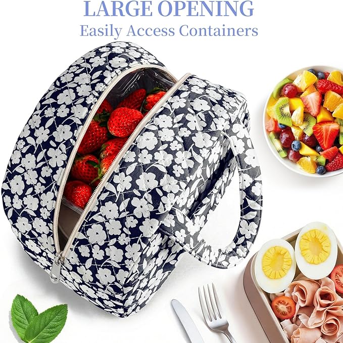 Quilted Lunch Box for Women,Coquette Aesthetic Lunch Box for Teen Girls,Cute Floral Lunch Bags for Work, School,Office,Picnic,Travel (White Floral)