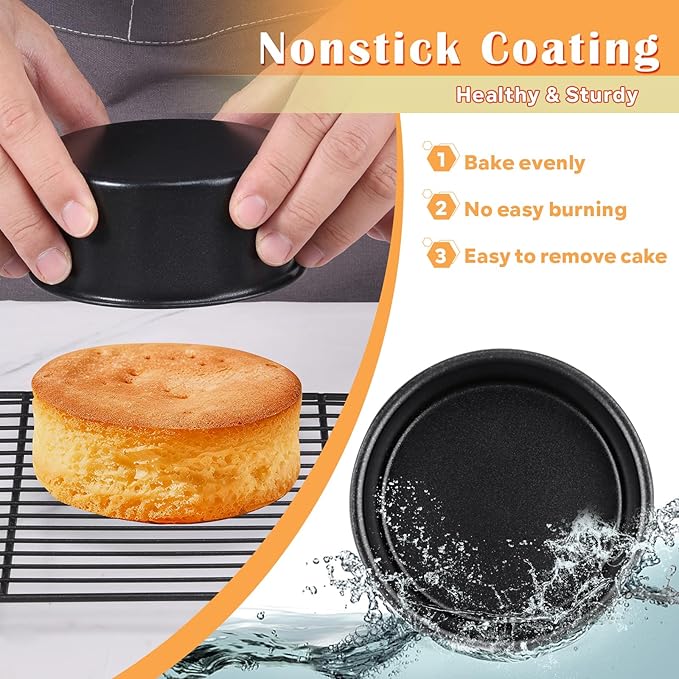 E-far 4 Inch Cake Pan Set of 3, Nonstick Stainless Steel Mini Round Cake Pans Tin, Small Size for Baking Smash Cakes/Cheesecake, Stainless Steel Core & Non-toxic Coating, Straight Side & 2 Inch Deep