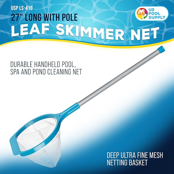 U.S. Pool Supply Spa, Hot Tub, Pool Hand Leaf Skimmer Net, 27" Long with Pole - Deep Ultra Fine Mesh Netting, Handheld Pool Cleaning Net, Clean The Finest Debris, Leaves, Ponds - Small Above Ground