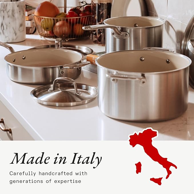 Made In Cookware | 2 QT Ceramic Non Stick Saucepan with Lid | 5-Ply Stainless Clad with Stay-Cool Handle | Professional Cookware | Crafted in Italy | Induction Compatible
