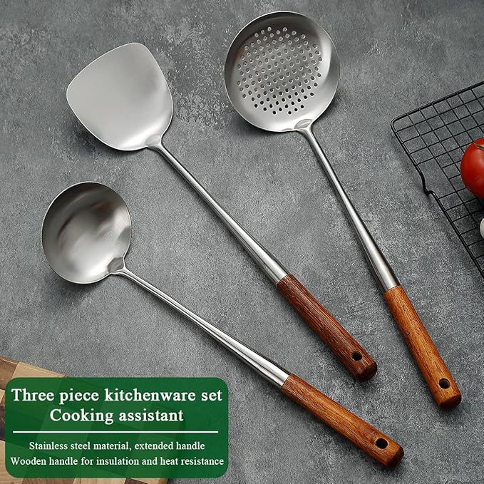 Evanda Wok Spatula Set 17", Heat Resistant Wood Handle Stainless Steel Wok Tools, Ladle, Metal Spatula, Kitchen Skimmer, Professional Kitchen Cooking Utensils Set, Wok Accessories Dishwasher Safe