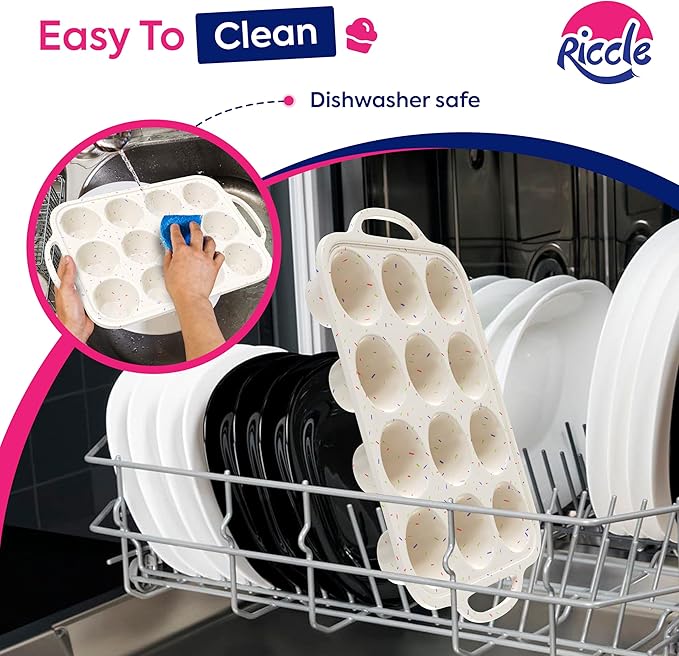 RICCLE Silicone Muffin Pans for Baking with Metal Reinforced Frame, 12-Cup Cupcake Pan, 2 Pcs Muffin Trays for Cupcake Baking, Tray Molds, Oven & Dishwasher Safe, BPA-Free