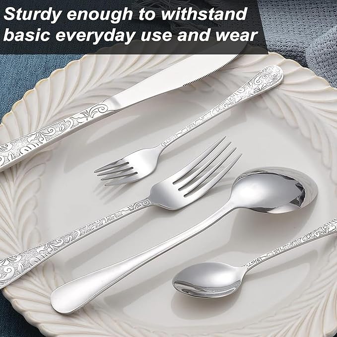 Runfly Vintage Carved Stainless Steel 20 Pieces Flatware Set, Silverware Set, Modern Embossed Cutlery Set Utensils Including Fork Spoon and Knife