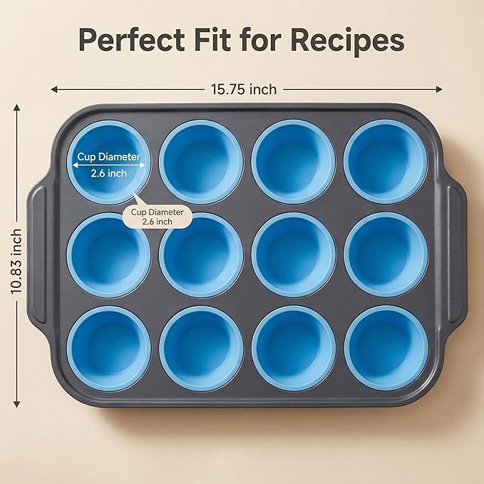 Boyun Silicone Muffin Pan for Baking,No-Spill Easy-Transfer Design,Reinforced Steel Frame, Non-Stick & Dishwasher Safe,12-Cup Regular Size Muffin & Cupcake Pan Bakeware for Oven (Blue 2pcs)