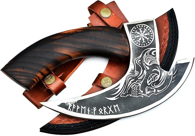 Handmade 11” Pizza Cutter, 10” Cutting Blade with Carbon Steel, Leather Sheath, Skull Design, Viking Style Pizza Cutter Design. Multi-Purpose Cutter… (Dark Wood Handle)