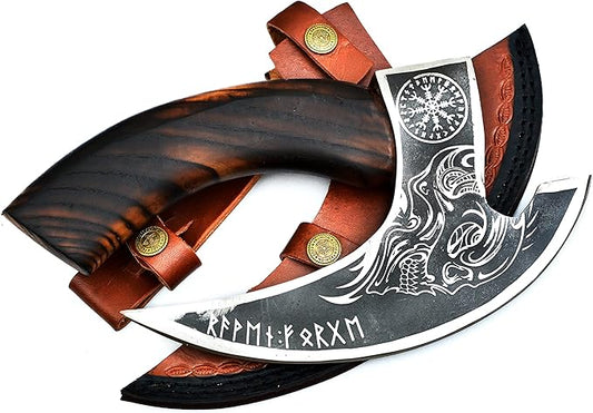 Handmade 11” Pizza Cutter, 10” Cutting Blade with Carbon Steel, Leather Sheath, Skull Design, Viking Style Pizza Cutter Design. Multi-Purpose Cutter… (Dark Wood Handle)