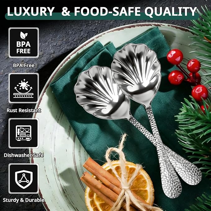 4Pack Serving Spoons 18/10 Stainless Steel Large Serving Spoons Set, Hammered Long Handle Serving Spoons for Buffet, Scalloped Design Serving Utensils for Kitchen Party Buffet Banquet (Silver)