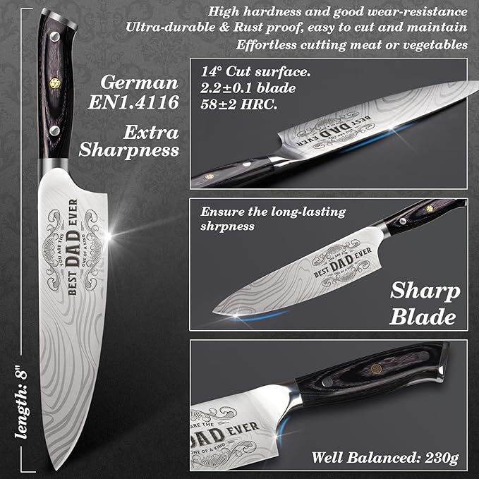 Dad Gifts from Daughter Wife Son, Best Dad Ever Kitchen Knife Gift Set with Wooden Box, Dad Birthday Gift Ideas, 8" Professional Chef Knife, Dads Birthday Gift for Men Husband