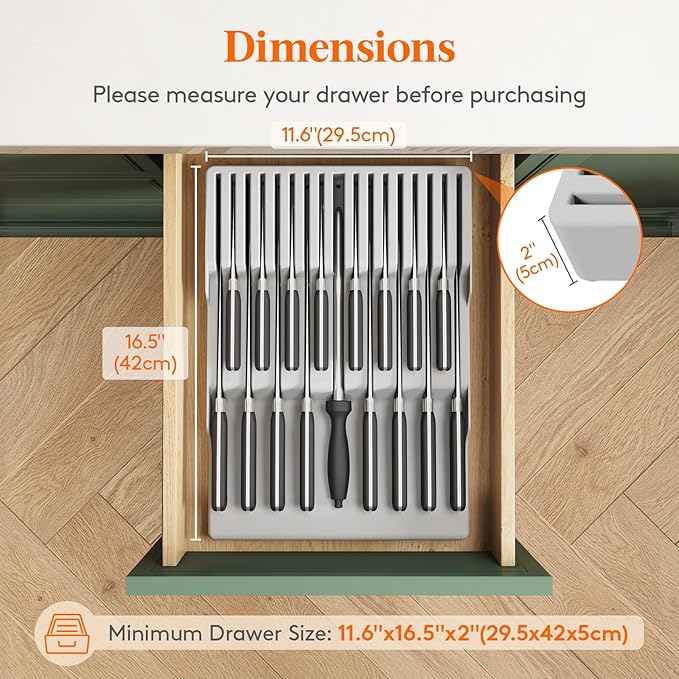 Lifewit Magnetic Drawer Knife Organizers Insert, Kitchen Plastic In Drawer Knife Block Slots, Steak Chefs Knives Holder Storage for 16 Knives and 1 Sharpening Steel, Extra Large, Gray, 16.5"/42 cm(W)