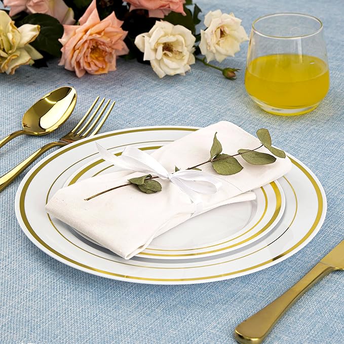 SETUP Case of 300 White Gold Rimmed Plastic Plates - Premium Heavy-Duty Disposable Plates for Wedding and Party, 150 10.25" Dinner and 150 7.5" Salad Plates