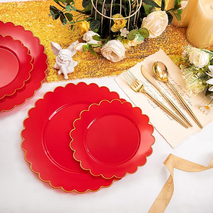 LIYH 60 Pcs Red Plastic Plates Disposable with Gold Edge Scalloped Red Disposable Plates Includes 30 Dessert & 30 Dinner Plate Dishes Tableware for Party Birthday Mother's Day