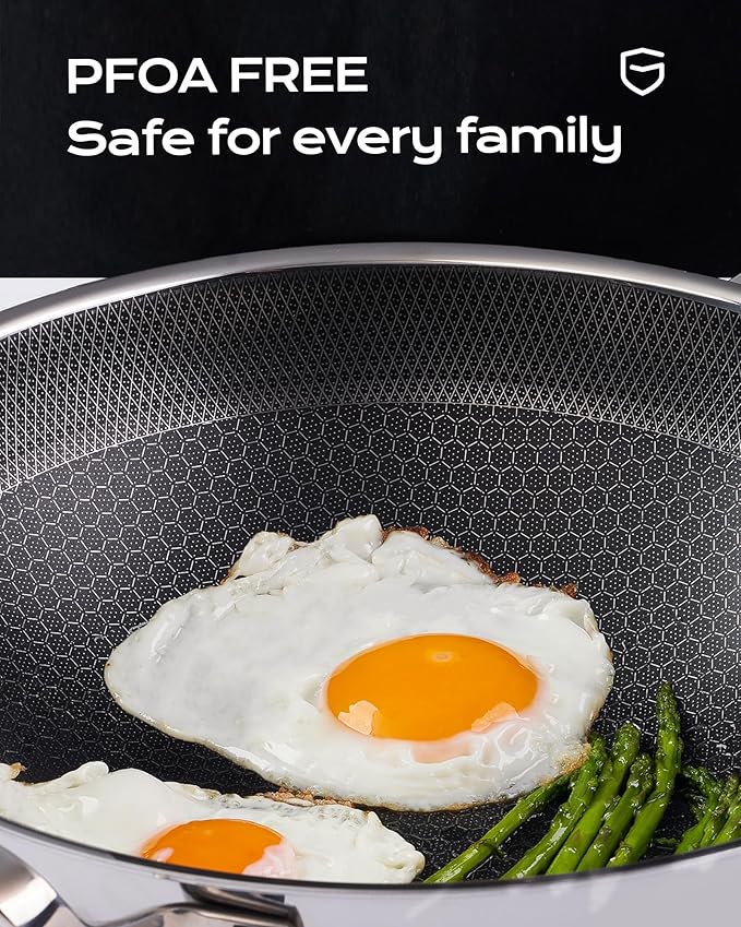FGJ Wok pan,12 inch Hybrid Wok with Lid,PFOA Free Cookware,Non Stick Stainless Steel Woks & Stir-fry pans Nonstick, Dishwasher and Oven Safe, Works on Induction