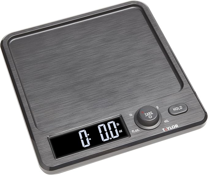 Taylor Digital Kitchen Scale with Dishwasher Safe Stainless Steel Container and Snap On, 22 pound capacity, Black