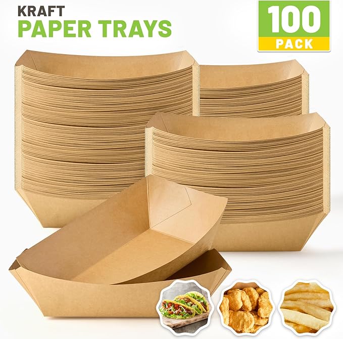 5 LB Extra Large Paper Food Trays, 100 Pack Disposable Nacho Trays Kraft Paper Food Boats Party Serving Baskets for Sandwiches Burgers Popcorns Snacks