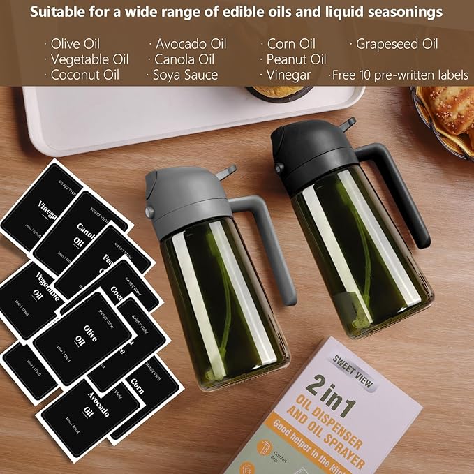 2PCS Olive Oil Dispenser and Oil Sprayer – 16oz/470ml Glass Light-Proof Oil Pourer for Kitchen Air Fryer, Cooking, Salad, and BBQ, with Stickers