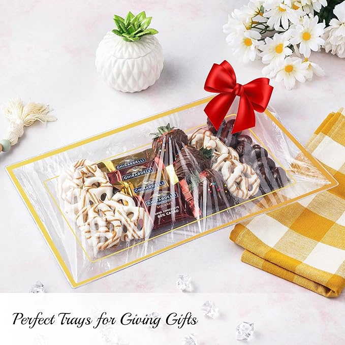 Elegant Plastic Serving Tray & Platter Set (6pk) - Clear & Gold Rim Disposable Serving Trays & Platters for Food - Weddings, Upscale Parties, Dessert Table, Cupcake display - 8x13 inches