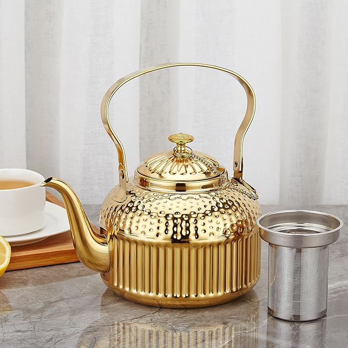 SANQIAHOME Antique 1.8L (60 Oz) Stainless Steel Teapot with Infuser Gold