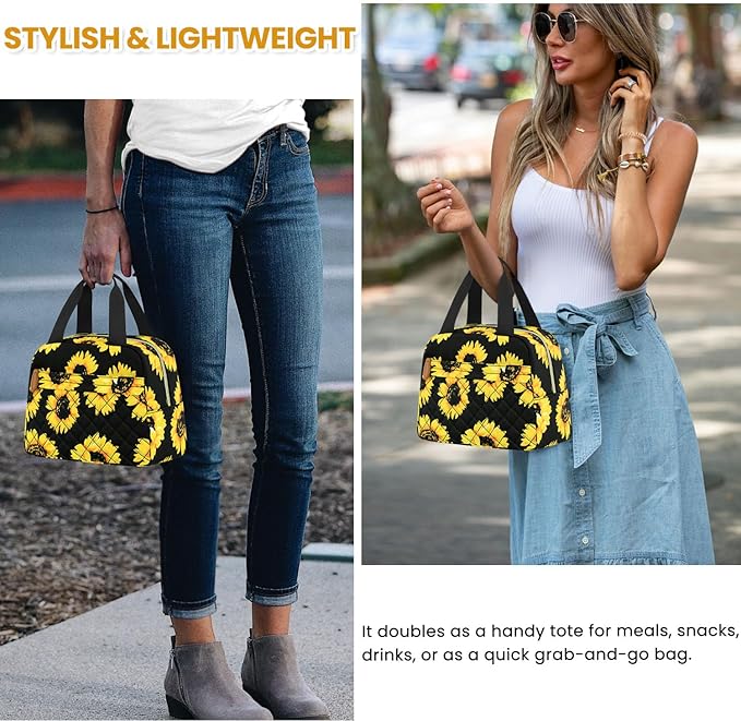 Insulated Lunch Bag for Women, Portable Lightweight Lunch Box for Adults, Reusable Small Lunch Tote Cooler Bags with Front Zipper Pocket for Work School Picnic(Sunflower)