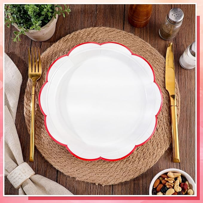 30 Pcs Red and White Paper Plates, 7 Inch White Plates with Red Trim Scalloped Paper Plate Disposable Dessert Cake Plate for Mother's Day, Baby Shower, Wedding, Bridal Shower