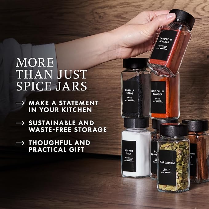 Glass Spice Jars with 360 Labels -24 pcs- 4oz- Spice Containers black Bamboo Lids -Shaker Lids- Pepper Grinder-Spice Organization for Cabinet-Drawer-Rack-Seasoning Organizer-Square bottles