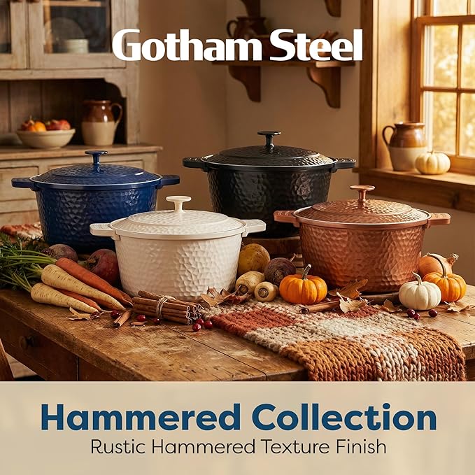 Gotham Steel Hammered 5 Qt Lightweight Dutch Oven Pot with Lid & Holders, Ceramic Non Toxic, Oven Safe & Even Heat Retaining Dutch Oven for Bread Baking Sourdough, Soup, 70% Lighter than Cast Iron