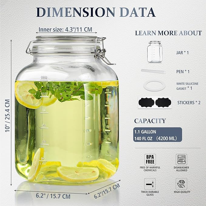Folinstall 1 Gallon Square Super Wide-Mouth Glass Jars with Airtight Lids, Glass Storage Jars with 2 Measurement Mark, Sturdy Canning Jars with Large Capacity 4100 ML For Overnight Oats