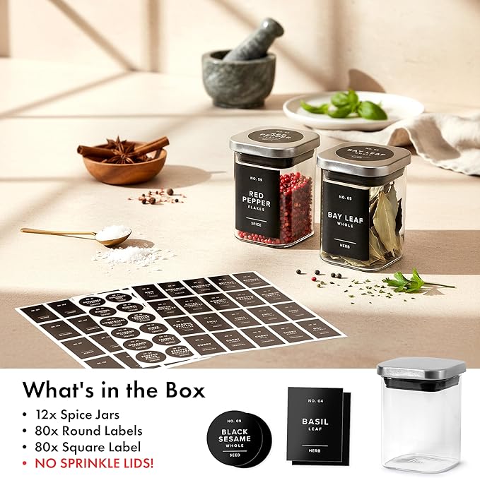 Glass Spice Jars with Steinless Seel Lids (12 x 6.4oz) Glass Spice Containers, Square Spice Jars with Labels 160, Seasoning Jars Organizer for Kitchen & Pantry