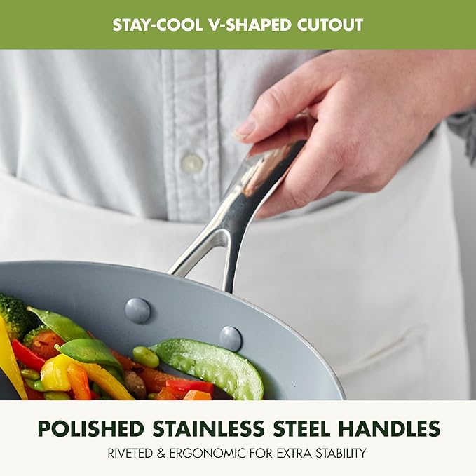 GreenPan Valencia Pro Tri-Ply Stainless Steel 12” Wok with Lid, PFAS-Free Ceramic Nonstick Coating, Induction Ready Cookware, All Cooktops, Dishwasher & Oven Safe to 600F