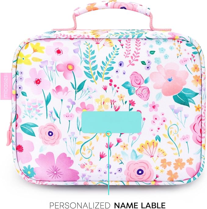 mibasies Kids Lunch Box for Girls Toddler, Insulated and Reusable Lunch Bag for School, Flower Pink