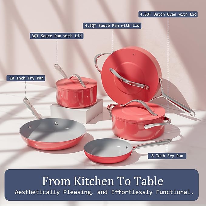 Dutch Oven Pot with Lid 4.5QT Stock Pot (9.5"x 4") Nonstick Ceramic Coated Soup Pot Non-Toxic PFAS-Free, Quick & Even Heat Distribution for Braising, Baking Bread & Stewing, Compatible for All Cooktops(Induction/Gas/Electric) Oven Safe to 500°F, Fusion...
