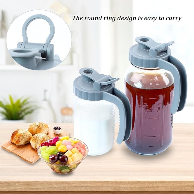 Mason Jar Pitcher 64 OZ Glass Pitcher With Pour Spout Lids (2 Pack) Airtight Leak Proof 2 Quart Wide Mouth Water Pitcher With Handle And Flip Cap For Iced Tea,Milk,Sun Tea, Lemonade,Juice,Iced Coffee