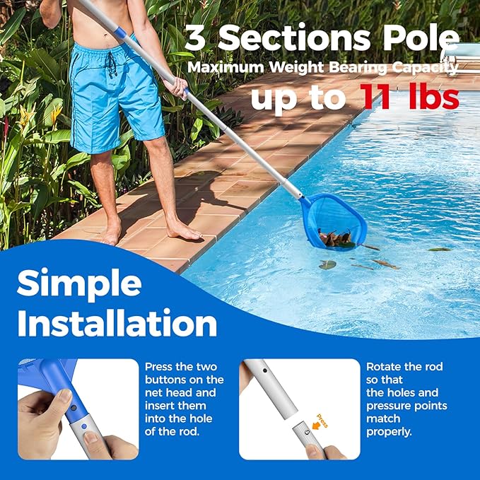Swimming Pool Skimmer Net Total Length 67.7 inches, Leaf Rake Net with Adjustable Aluminum Pole for Fast Cleaning Ponds, Hot Tub, and Spas, Pool Cleaner Supplies and Accessories