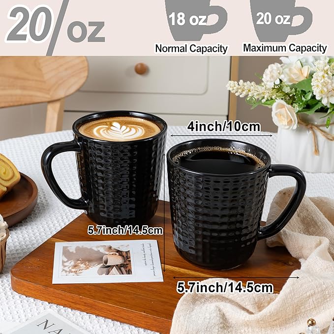 Large Coffee Mugs, 20 oz Ceramic Coffee Cups with Handle, Porcelain Big Tea Cups for Office and Home, for Latte Cocoa Dishwasher and Microwave Safe, 2PCS, Black