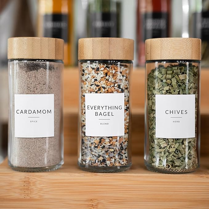 SAVVY & SORTED Glass Spice Jars with Label, 24PK Round Bamboo Jar Spices Set 4oz, 374 Spice Labels, Pepper Grinder, Empty Herb Seasoning Containers, Funnel and Shaker Lids