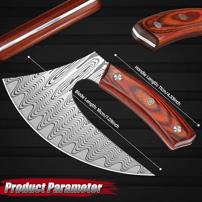 ROCOCO Pizza Cutter Ulu Knife – Full Tang Mezzaluna Rocker Chopper with Sheath for Kitchen, Camping, BBQ, Christmas Gifts Men Women