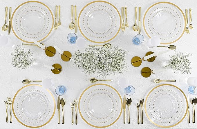 PLASTICPRO 128 Piece Combo Plastic Dinner Plates Disposable Plastic Fancy Heavy Duty Party Dishes 7 inch and 10 inch, Clear and Gold Beaded