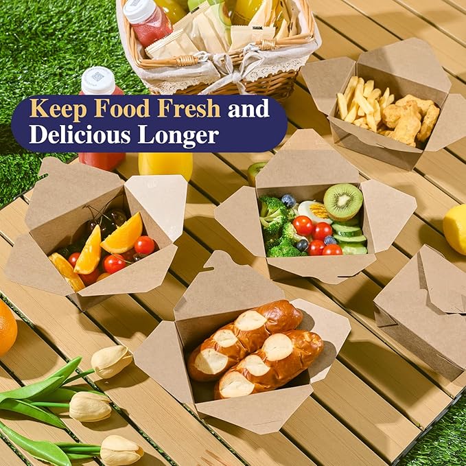 LITOPAK 50 Pack 27 oz Take Out Food Containers, Kraft Brown Take Out Boxes Leak Grease Resistant and Stackable for Restaurants, Homes, Offices, Picnics