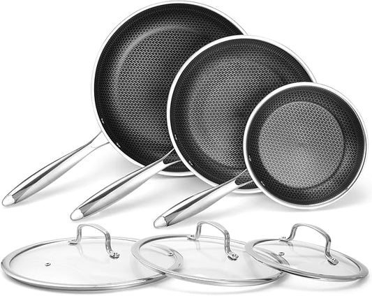 Non Stick Frying Pans Set 8, 10, and 12 Inch 6 Pcs Skillet with Tempered Glass Lids, Stay-cooling Handle, PFOA Free Non Toxic Dishwash & Oven Safe Kithchen Cookware Set Compatible All Cooktops
