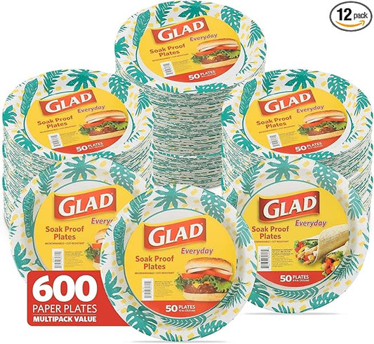 Glad Round Decorative Disposable Paper Plates, Palm Leaves Pattern, Soak Proof, Cut Resistant, Microwave Safe Dinner Plates for Everyday Meals, Parties, and Picnics, 10 Inch, 50 Count - 12 Pack