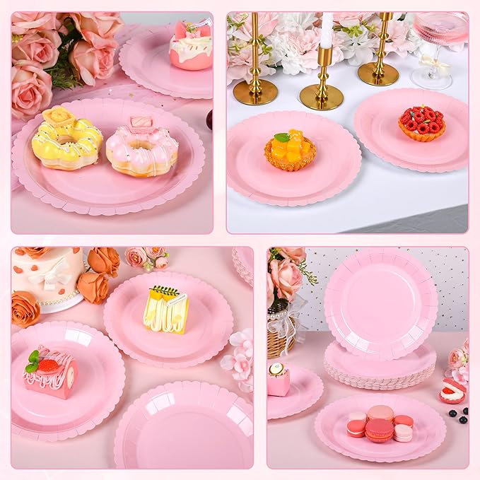 30 Pcs Pink Plates, 9 Inch Pink Scalloped Dessert Plates Disposable Dinner Paper Plates Cake Party Plates for Easter Party, Baby Shower, Wedding, Bridal Shower, Birthday Party, Mother's Day
