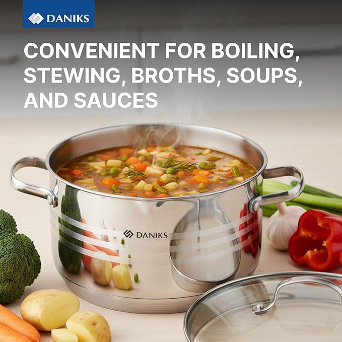 Daniks Tokio Stainless Steel Stock Pot 4.5 Quart, with Glass Strainer Lid, Induction Ready, Dishwasher Safe, Measuring Scale, Silver