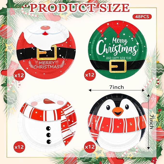 48 Pcs Christmas Party Paper Plates, Colorful Christmas Themed Dessert Plates 7" Christmas Snowman Party Disposable Plates for Xmas Winter Holiday Dining Kitchen Party Favors