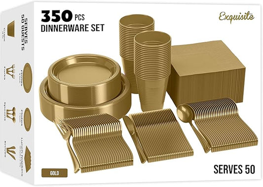 350 Pcs Gold Plastic Plates For Party, Gold Disposable Plates Set, 50 Of Each 9" Dinner Plate Set, 7" Dessert Plate, Cups, Napkins & Cutlery Plastic Dinnerware Set Exquisite