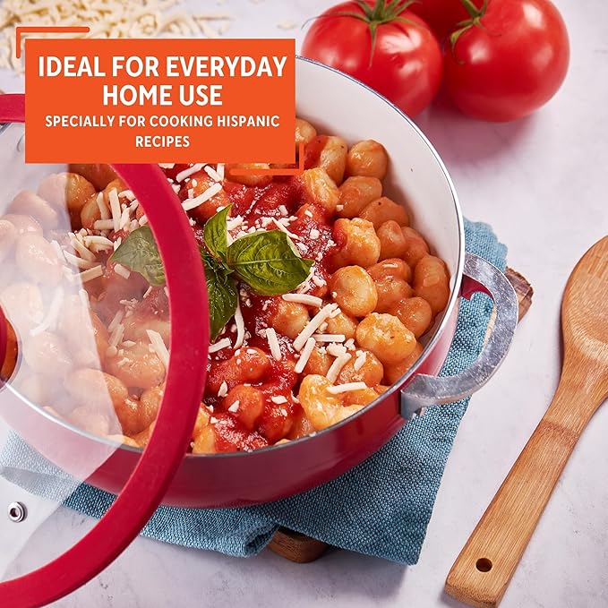 IMUSA USA 3.2Qt Red Ceramic Nonstick Caldero (Dutch Oven) with Silicone Rim & Glass Lid