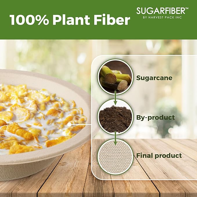 [50 Count] Harvest Pack PFAS Free 12oz Round Paper Compostable Bowls, Heavy-Duty Eco-Friendly Disposable Bagasse Bowls Sugarcane Natural Plant fibers for Meal Prep Takeout Dinnerware