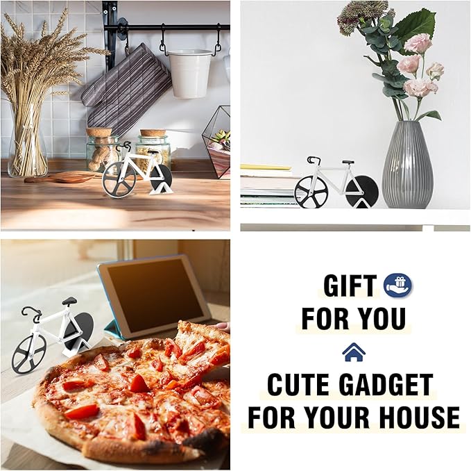 Bicycle Pizza Cutter Wheel - Gifts for Cyclists, Men, Dad, Bike Lovers - Funny Kitchen Gadgets - Cool Father’s Day, Christmas, Birthday, White Elephant Gifts - Stainless Steel Pizza Slicer(White)